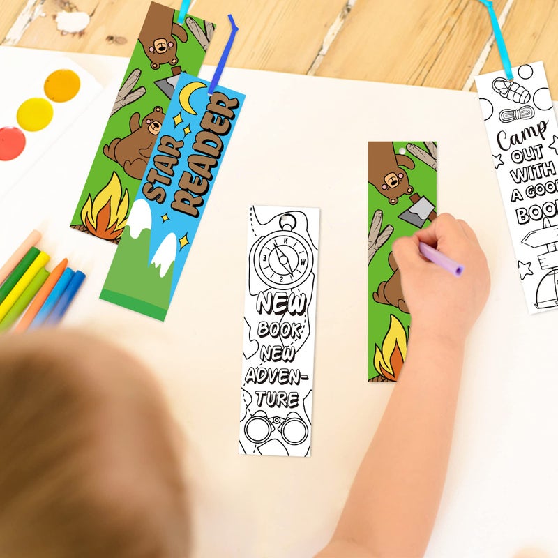 ANGOLIO 75Pcs Camping Color Your Own Bookmarks Kids DIY Coloring Blank Bookmarks Camping Party Game Prize Art Craft Supplies Birthday Goodie Bag Fillers Back to School Classroom Reading Club Rewards - Image 4